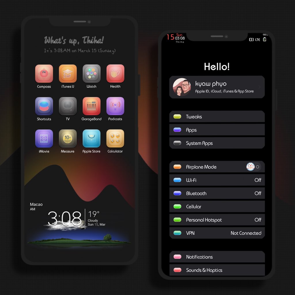 kyawthihaphyo's tweet image. Good Evening/Morning with 
#ColorGlow [WIP] 
#Widget Weather @daddykool666 
#Widget @ev_ynw 
#Wallpaper @Maria2Ps 
#Font_Bauhaus  @Alexman1979 
#Bettersetting @MidnightChip 
#ScreenshotX @JunesIphone 
#UIKnob @xxSomnus 
 Thanks all creators 🙏🏻