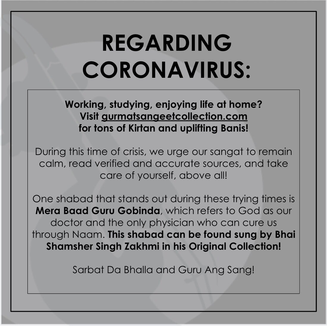 Gurfateh everyone! Please take care of yourself! Sarbat Da Bhalla! Use your time at home to listen to kirtan and uplifting bani and stay in Chardikala. Link to shabad mentioned: gurmatsangeetcollection.org/collection/MrW…