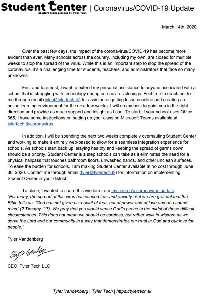 TylerTech01's tweet image. Update from @TylerTechCEO on the #Coronavirus impact on schools including:

- Free access to @StudentCenter01 for schools through the end of June 2020 (Stop spread of germs through classroom signout)
- Info on setting up @MicrosoftTeams for your classroom

tylertech.tk/coronavirus