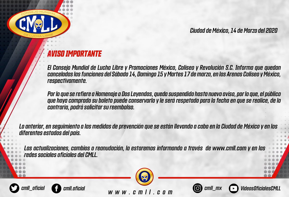CMLL_OFICIAL's tweet photo. ⚠️ AVISO IMPORTANTE ⚠️
Actualización oficial de cara a nuestros próximos eventos.  

Las funciones del Sábado 14, Domingo 15 y Martes 17 en las Arenas Coliseo y Mexico, respectivamente quedan canceladas. 

Respecto a Homenaje a Dos Leyendas, queda suspendido hasta nuevo aviso. https://t.co/f0z2gXKcie