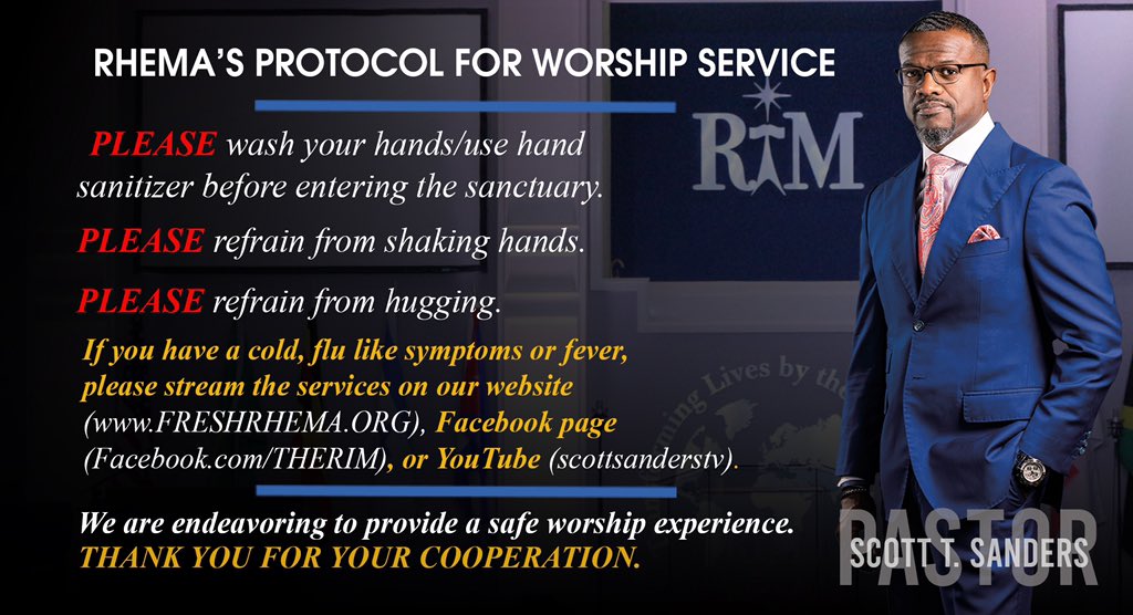 FreshRhema's tweet photo. Rhema International Ministries will have our 9am and 11:15am services tomorrow. We are taking precautions to provide a safe worship experience. 

#TheRhemaExperience #faithoverfear https://t.co/REPhnYOaOA