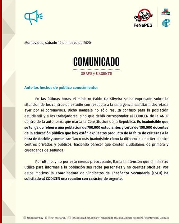 Compartimos el comunicado del sindicato de profesores FENAPES, ya que creemos que está a la altura de la circunstancia. Corresponde que el gobierno actúe con responsabilidad y eficacia.
