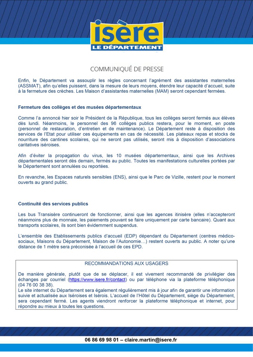 Coronavirus - Covid-19 : Fermeture exceptionnelle jusqu'à nouvel ordre des musées départementaux, des Archives départementales et des Médiathèques départementales (Saint-Martin-d’Hères et Bourgoin-Jallieu).