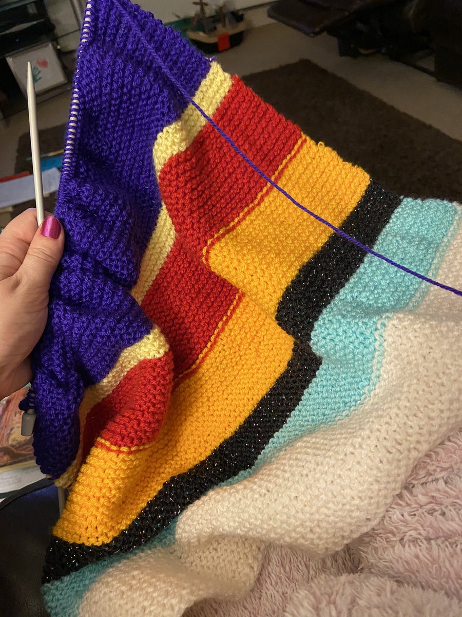 ClosedAccountNT's tweet photo. Rock n roll Saturday night #knitting a cape for the youngest. All his own design. The rest will be purple cos he wanted ‘coloured stripes all messy’ at the bottom 🤷🏼♀️🤷🏼♀️🤷🏼♀️ #random #CreativeSon https://t.co/rX49am9Xv9