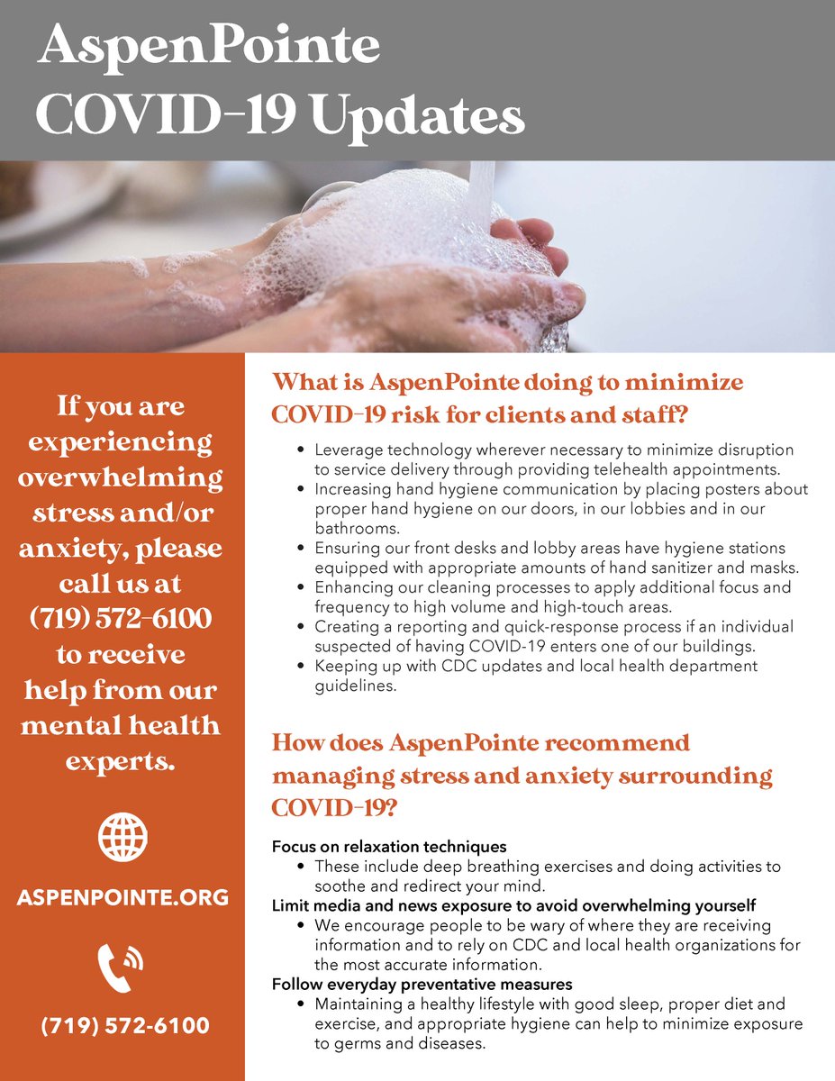 It's normal to experience stress or anxiety during uncertain times. We've prepared a one-pager with tips for managing stress or anxiety around #coronavirus. It also shares what we are doing to minimize risk for clients and our staff. Please call us at 719-572-6100 if we can help.