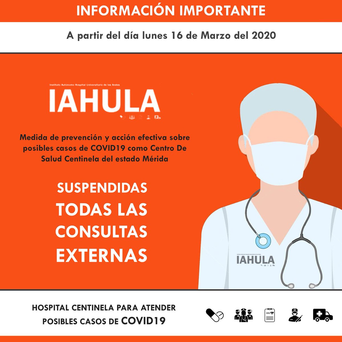 Uladdhh's tweet photo. #Alerta
El @IAHULAOFICIAL informó que a partir del lunes #16Marzo, quedan suspendidas todas las consultas externas del IAHULA, para la prevención y acción sobre posibles casos de COVID-19, motivado a ser seleccionado como Centro de Salud Centinela.
#DDHHHMERIDA https://t.co/fzTzLb04Ax