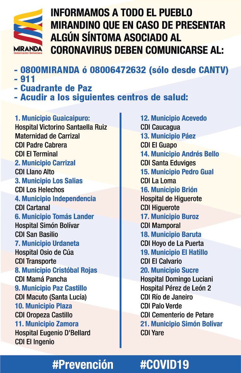¿Qué debo hacer si presento algún síntoma asociado al #COVID19?

Si estás en #Miranda comunícate al: 

✅ 0800-MIRANDA (0800-6472632) (sólo desde CANTV) 
✅ 911
✅ Cuadrantes de Paz 
✅ Acude a los siguientes centros de salud. ⤵️