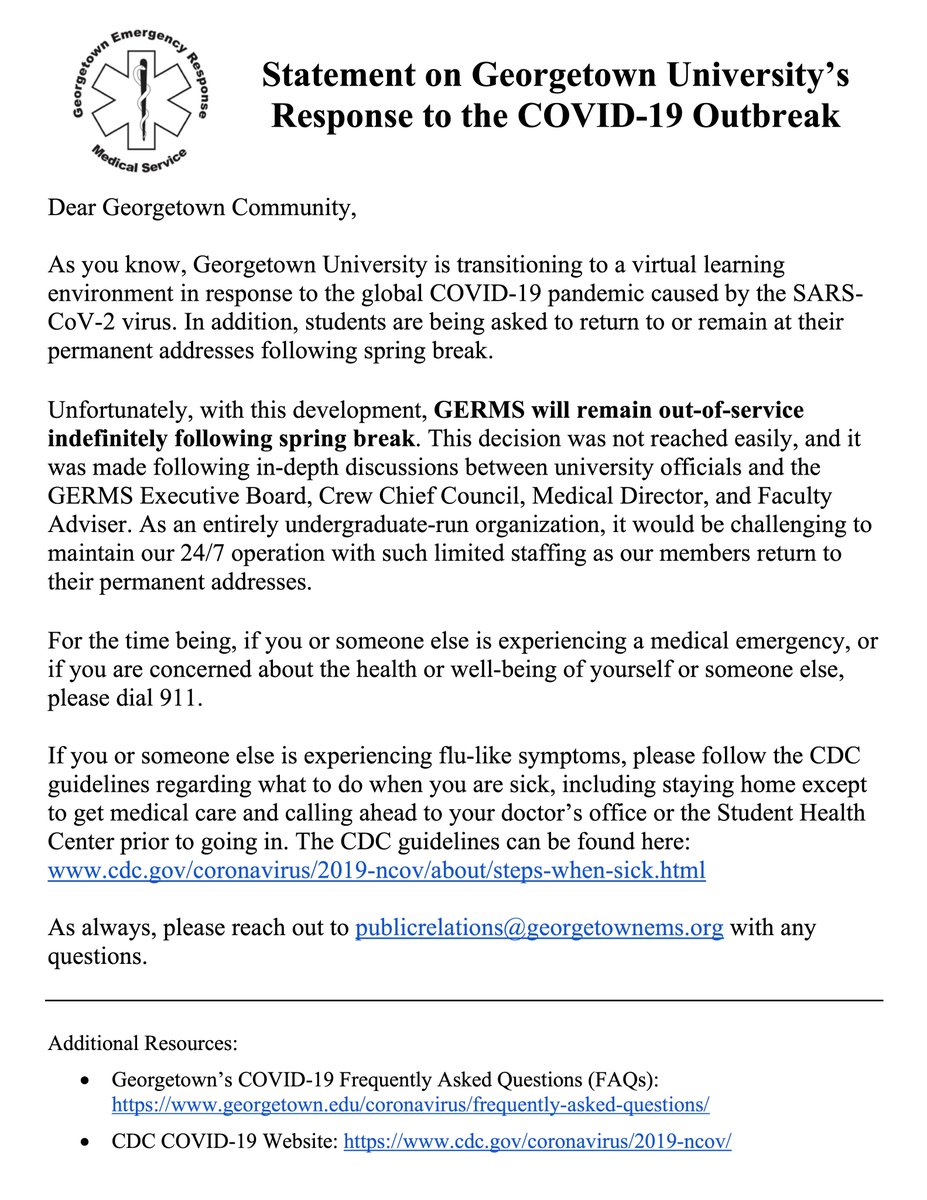 Please read the attached statement regarding GERMS' operating status for the remainder of the 2019-2020 academic year: