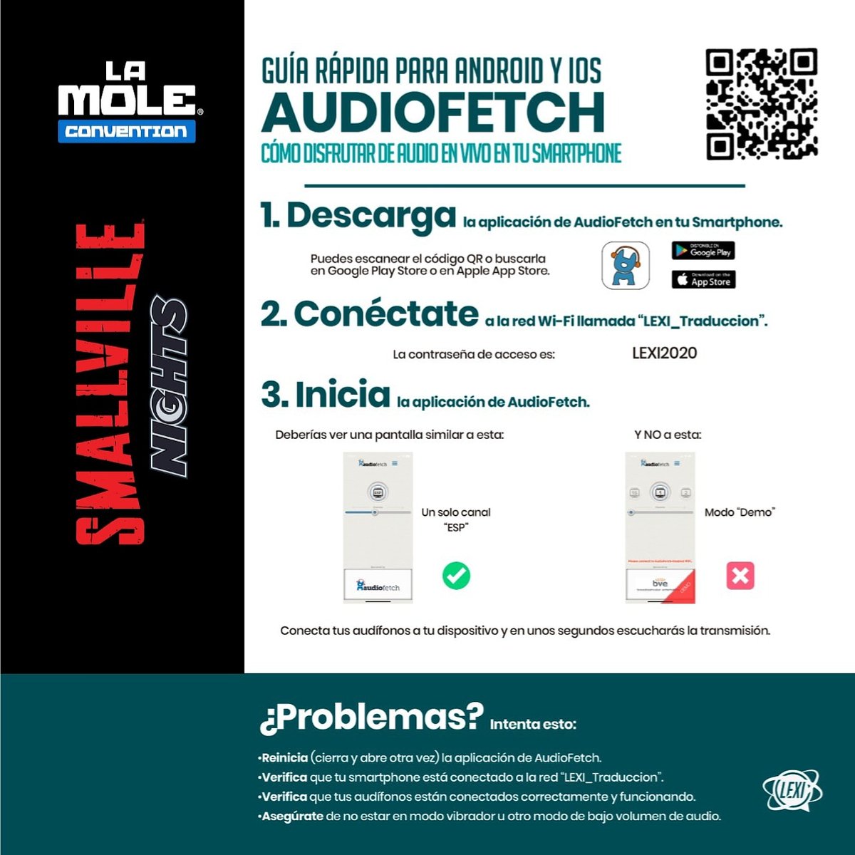 lamolemx's tweet photo. ¿Estarás hoy en #SmallvilleNights y requieres traducción? ¡#LaMole tiene la solución! Descarga la app @AudioFetch en tu smartphone, conecta tus audífonos y escucha a #TomWelling y #MichaelRosenbaum en español.
Sigue TODAS las instrucciones de la imagen.
#EstoyenLaMole
#AudioFetch https://t.co/moYouqDfQq