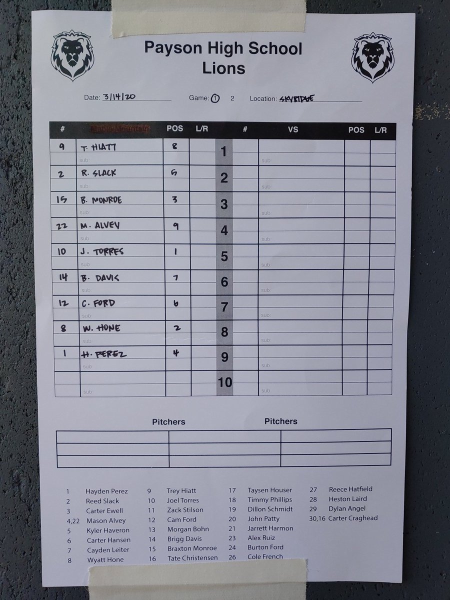 PaysonBaseball1's tweet photo. Starting line up vs Skyridge https://t.co/kdd9aqB8zT