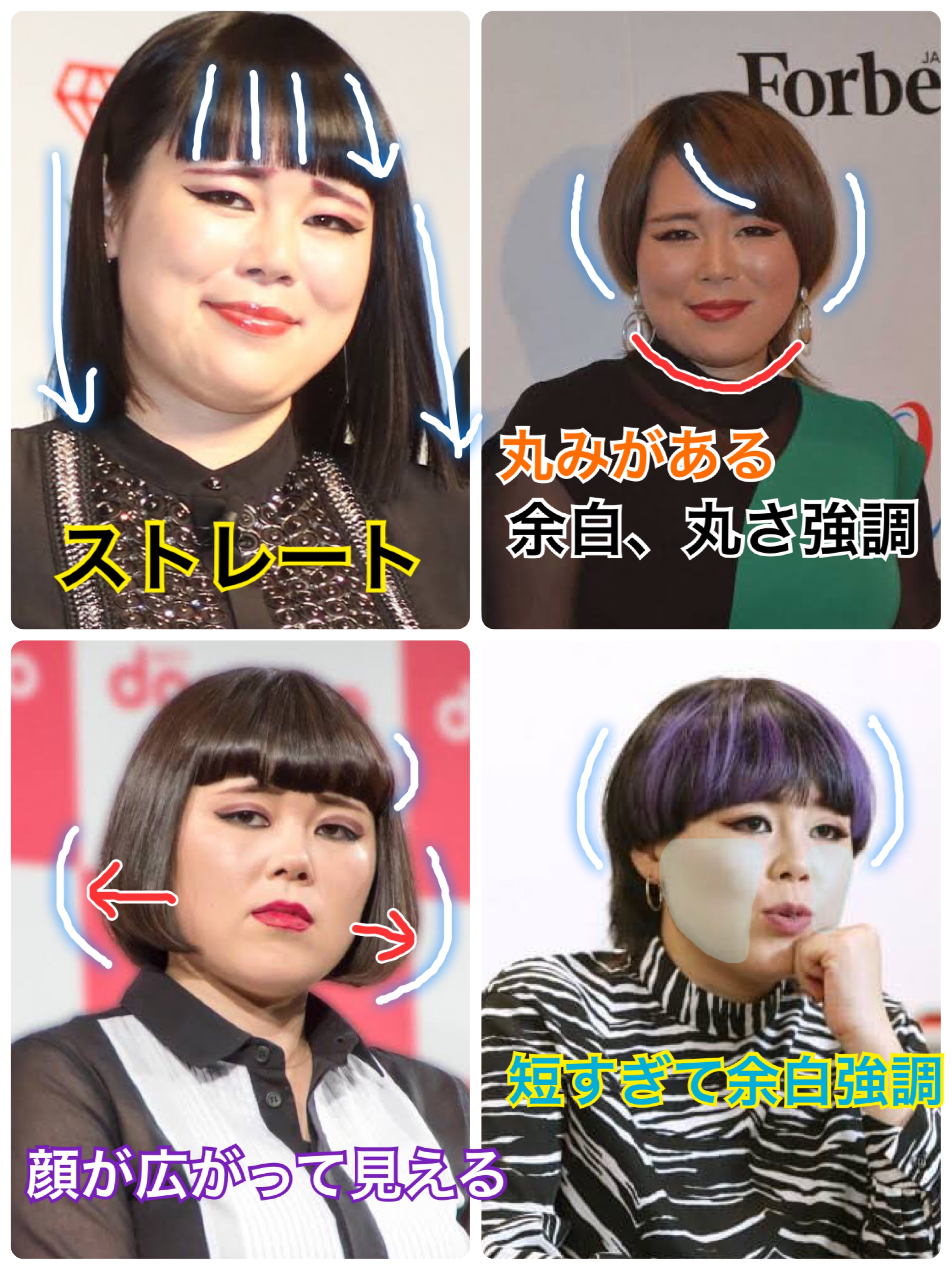 アネモネ 在 Twitter ブルゾンちえみの様に丸いフェイスライン 余白大の場合 とにかくストレートを意識することで丸い印象を軽減 カールなどで丸さ強調 ボリュームによりより顔が大きく見える 短すぎるヘアスタイルは余白目立つ 顔横の髪で余白カット