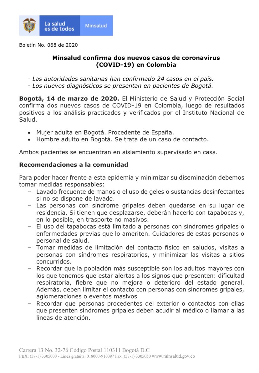 MinSaludCol's tweet photo. Confirmamos 2 nuevos casos de coronavirus en la ciudad de Bogotá. Con estos, Colombia llega a un total de 24 casos de COVID-19 https://t.co/IDMa4TD9qi