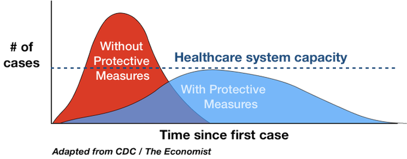 ErikSTownsend's tweet photo. This is the single most important concept to understand relative to #COVID19. "Flattening the curve" refers to delaying inevitable infections over time so that healthcare facilities are not overwhelmed by a sudden influx of more patients than they can possibly treat at once. https://t.co/0Hx4ZfO8B2