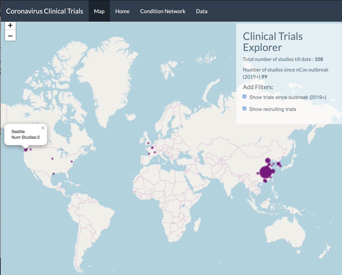 Added new features to the app with more data resolution! 
It is great to see clinical trials already in the recruiting phase at some of the epicenters of the outbreak. 3 in Seattle and 16 in Wuhan! #COVID19 #CoronaVirusUpdate