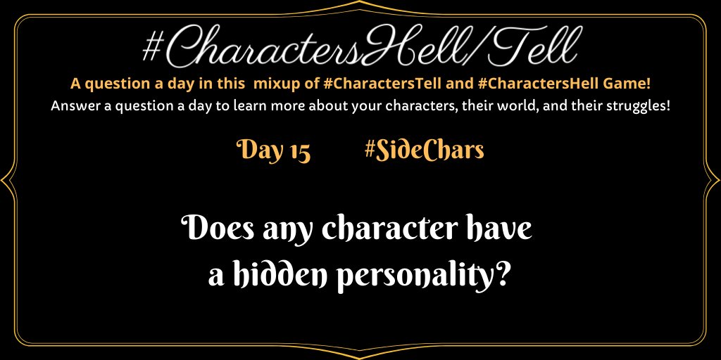ladyofmind721's tweet photo. #CharactersHell  #CharactersTell 15

Does any character have a hidden personality?

The mildest manners might hide a cold, brutal person, a rough exterior might have a soft interior - does any character hide their personality?

#ObsceneSpoilersWeek #SideChars @characterstell https://t.co/D8RXyWNAGx