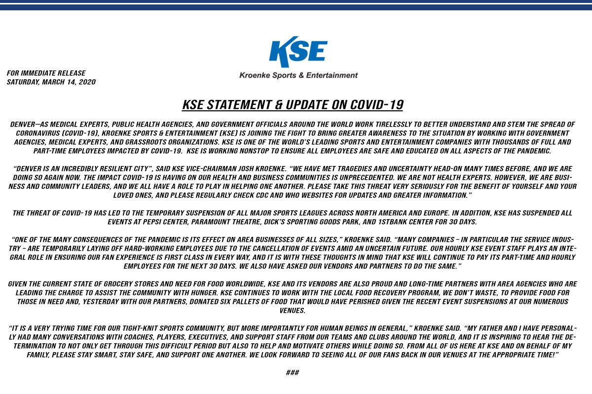 FOR IMMEDIATE RELEASE Saturday, March 14, 2020 KSE STATEMENT & UPDATE ON COVID-19