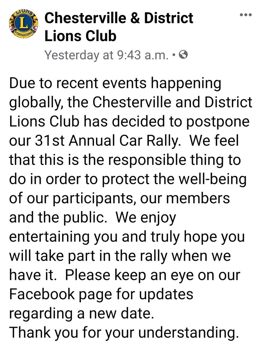 Chesterville &amp; District Lions Club has postponed the Car Rally planned for Mar. 28.