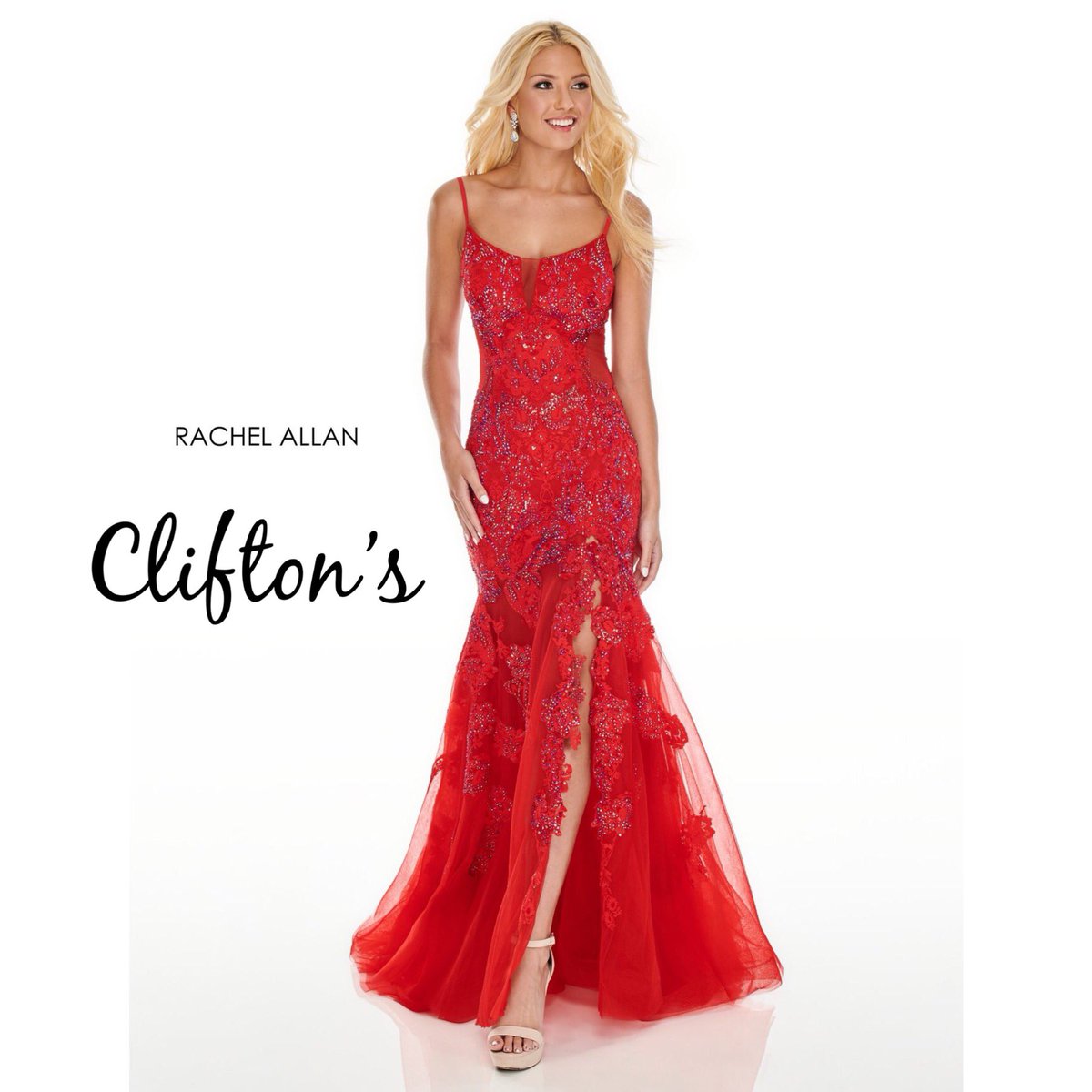 Cliftonscouture's tweet photo. Try something totally different &amp; in major style. This lace/tulle combo is so classy. The high slit is trimmed w/lace as it waterfalls down the red skirt,sz 12-$549.

#cliftonscouture #rachelallan #reddress #redlace #ladyinred #mermaid #prom2020 #realdesignerdress #ownthemoment https://t.co/F49v7Pp6Po