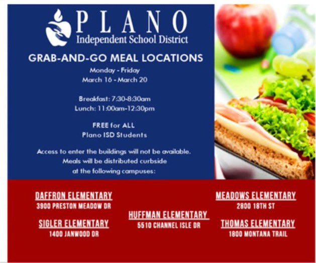 Due to school cancellations...

meals will be distributed curbside at these locations (March 16-20), free for all PISD students.