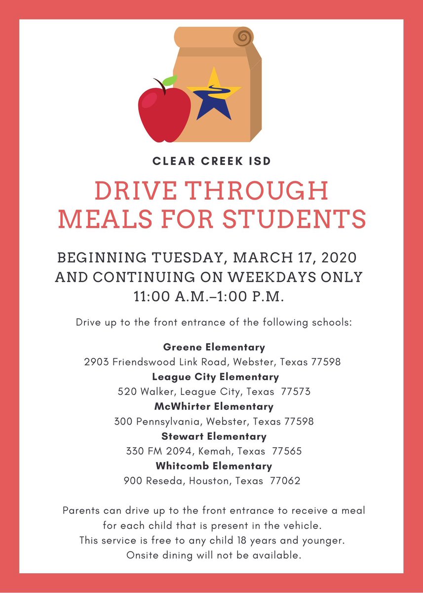 Beginning March 17, CCISD will be offering drive-through meals on weekdays only from 11 a.m.-1 p.m. Parents can drive up to the front entrance to receive a meal for each child that is present in the vehicle. This service is free to any child 18 years &amp; younger. No onsite dining.