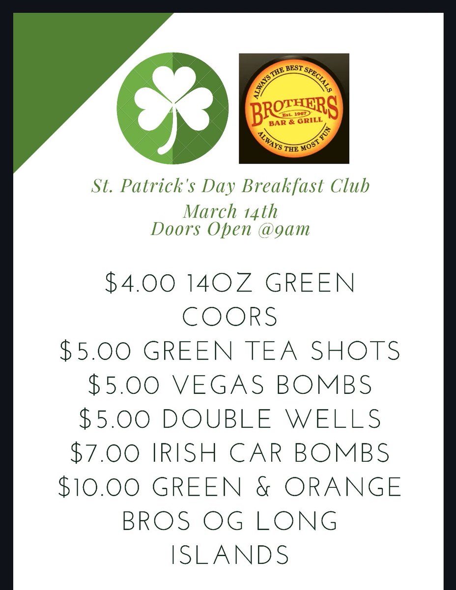 BrothersMuncie's tweet photo. Breakfast Club was just the beginning!

Tonight the party continues with @TRILLItweets at 9pm!

We are still looking for our Leprechaun Costume Contest Winner! Ask a server or bartender how to enter! https://t.co/DWcH1WTakQ