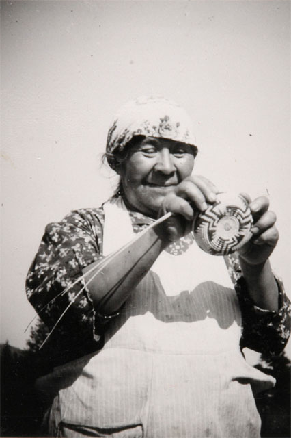 also found some lovely old photos of Pomo basket-makers in the autry museum's collection- two unidentified girls (you can see what I meant upthread about basketry taking up space — I love the crazed whorl of an in-progress basket) - Katie Fred