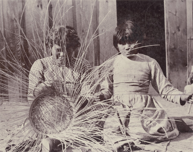 also found some lovely old photos of Pomo basket-makers in the autry museum's collection- two unidentified girls (you can see what I meant upthread about basketry taking up space — I love the crazed whorl of an in-progress basket) - Katie Fred