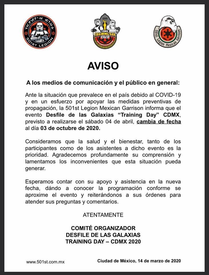 MexicanGarrison's tweet photo. Atención a todos los ciudadanos imperiales: Con el fin de promover la cooperación y colaboración para la seguridad de todos, emitimos este aviso importante con respecto al Desfile De Las Galaxias
#501st #501stMX #501stLegion #TrainingDay2020 #TrainingDayCDMX #DesfileDeLasGalaxias https://t.co/KMvOyx29Pd