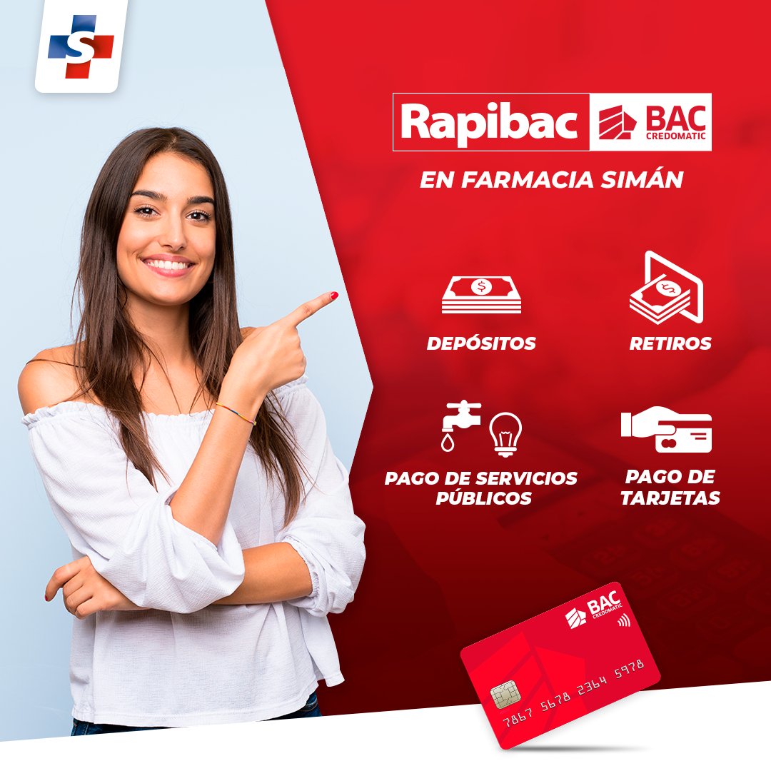 Farmaciasiman's tweet photo. 👉 Encuentra #RapiBac en #FarmaciaSimán y realiza tus depósitos, retitos y pagos de servicios públicos. https://t.co/n51kVB5LOV
