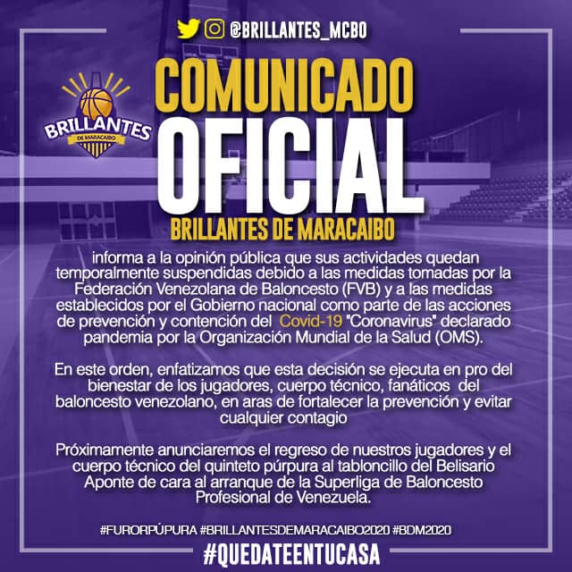Brillantes_bbc's tweet photo. 🚨Comunicado del equipo🚨

Nuestra institución se suma a las políticas de prevención y contención del coronavirus.

Esperamos regresar pronto para participar en la @SuperligaVen 

#SuperLiga #SLB #BrillantesDeMaracaibo #FurorPúrpura #Coronavirus #Baloncesto #Maracaibo https://t.co/GLaVp2dg13