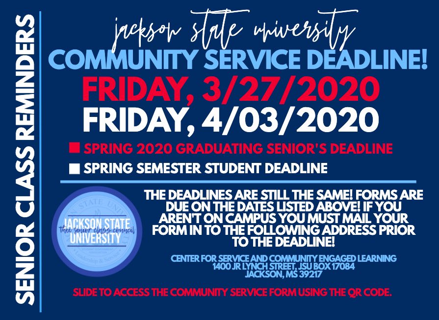 JacksonState20's tweet photo. Hey Tigers🐅! The community service deadline hasn’t changed ! Please make sure you are on top of your hours! Stay safe, stay #TigerStrong https://t.co/9wlTA4ao54