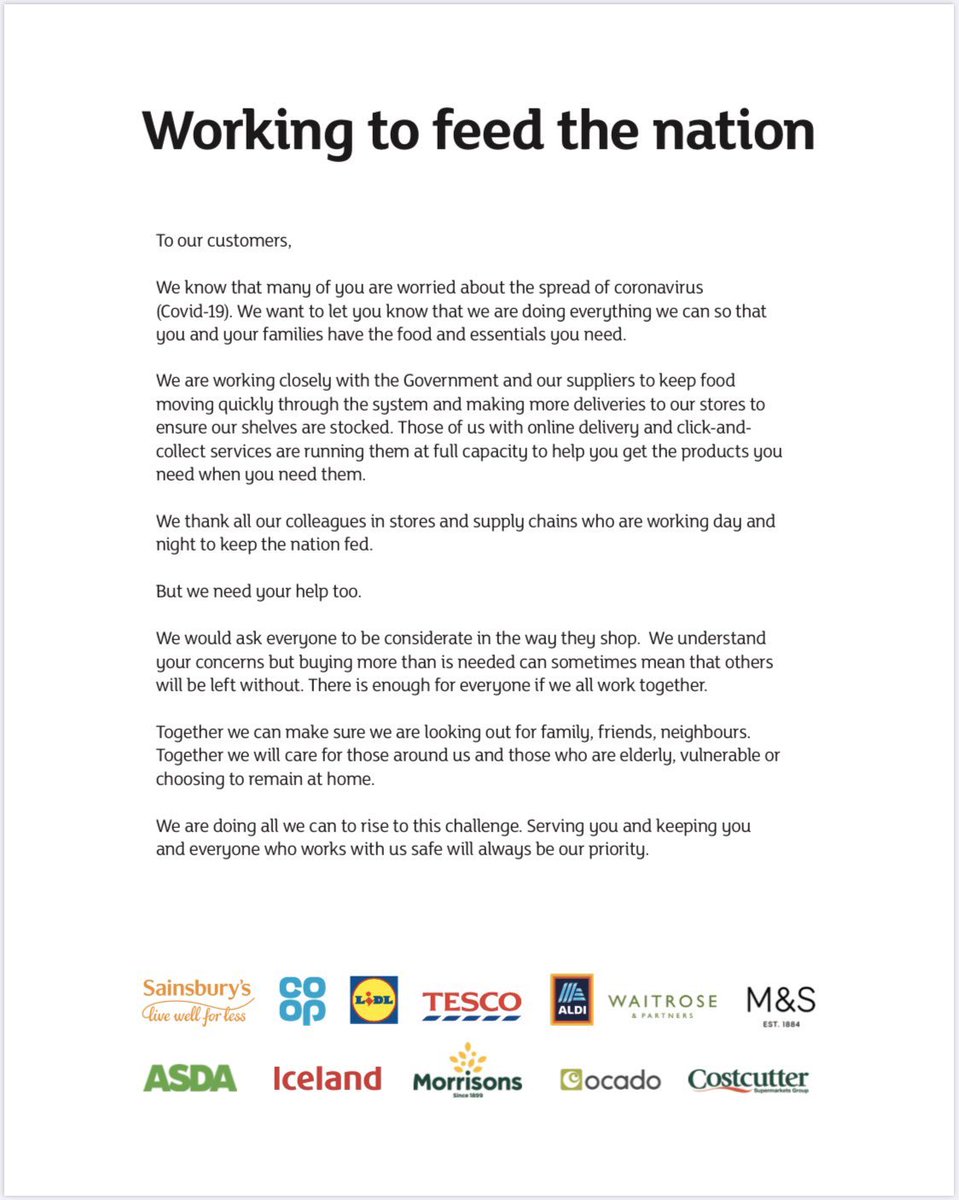 mi6rogue's tweet photo. UK supermarkets have written a joint letter to customers pleading with them not to panic buy. They say doing so could “mean that others will be left without”. #panicbuying #panicshopping Stop it. https://t.co/ugG8WJROMg