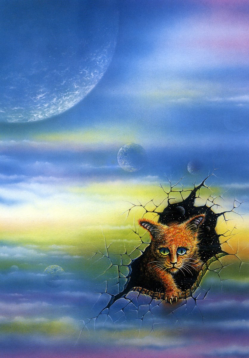 Happy Space Cat Saturday! Here's one from  @DannyFlynnArt, used as a 1986 cover to 'The Cat Who Walks Through Walls,' by Robert A. Heinlein