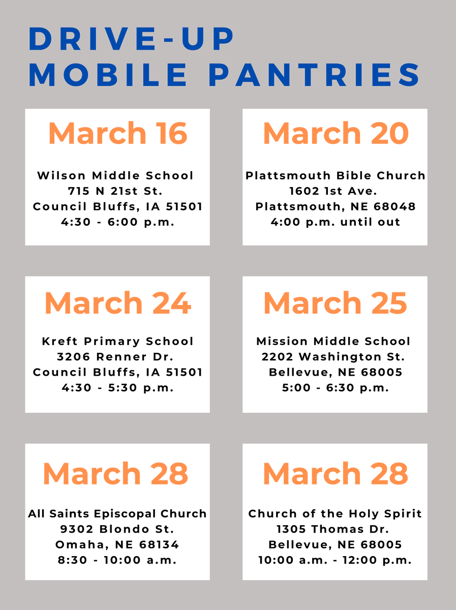 Thank you to the community for the outpouring of support! We sincerely appreciate it. Food Bank for the Heartland will be hosting 6 drive-up mobile pantries for individuals and families in need. You can find a complete list of resources here: foodbankheartland.org/covid-19/