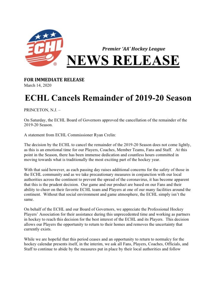 NorfolkAdmirals's tweet image. Update- Fans, please see the attached full release from the ECHL Hockey League in regards to the cancellation of the remainder of the 2019-20  season. 

The Norfolk Admirals would like to thank you for your patience during this challenging time and your support throughout this