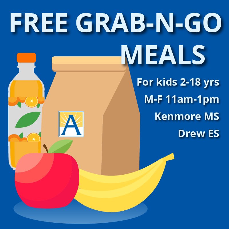 APS will be providing free grab and go breakfasts and lunches for children ages 2-18 during the closure, M-F from 11 a.m.-1 p.m. @ two school sites – Kenmore MS (200 S. Carlin Springs Road) and Drew ES (3500 S. 23rd Street). Begins Mon 3/16!
