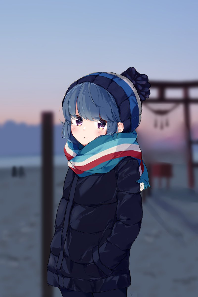 shima rin 1girl solo scarf blue hair hat outdoors hands in pockets  illustration images