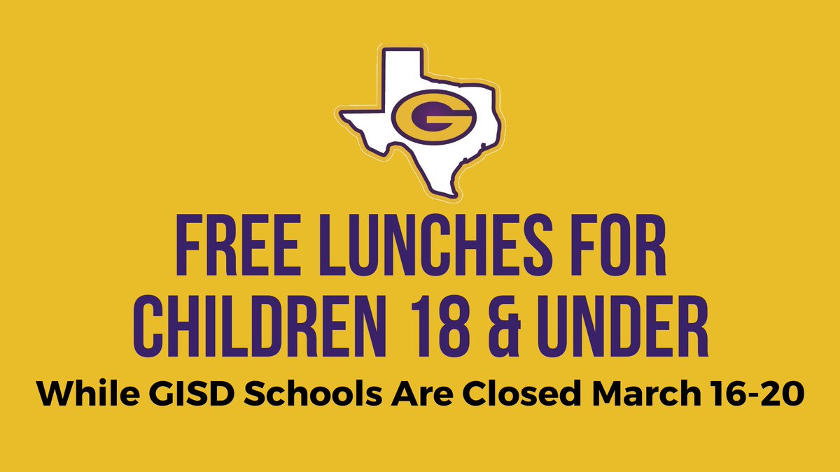 Free lunches for children 18&amp;under while schools closed 3/16-20. Drive thru service at Granbury High School from 11am-1:30pm daily in the front area normally for student drop off and pick up. Each child in the car will receive a free meal. More info: tinyurl.com/srksxtq