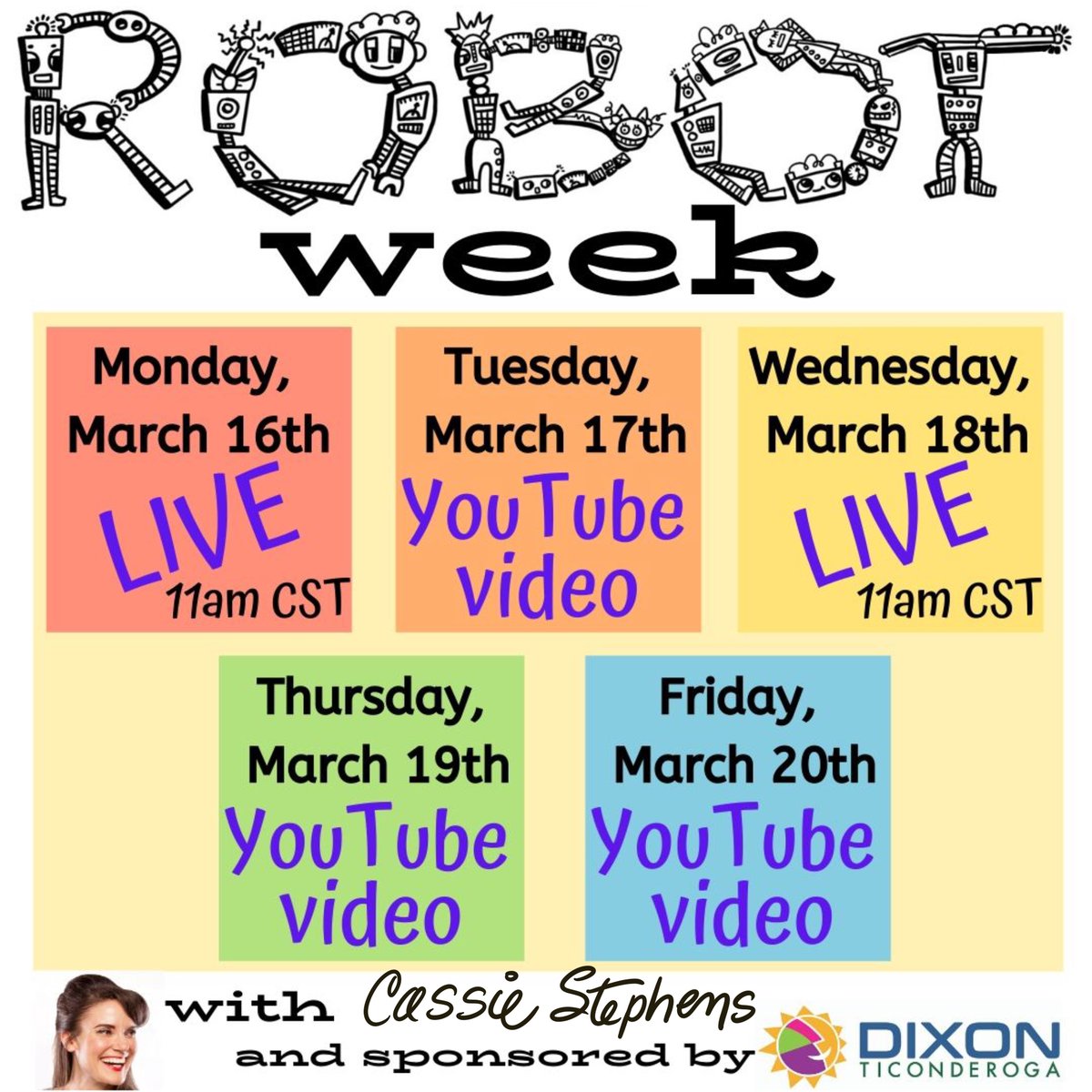 To keep our kids creating, I'll be going LIVE and sharing robot-themed art projects all next week. I'll be LIVE here: facebook.com/cassiestephens…