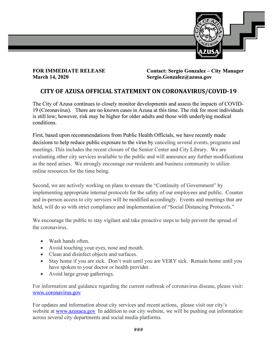 AzusaPD's tweet photo. Please see the below press release for an official statement from our City Manager, Sergio Gonzalez, regarding COVID-19
#CityofAzusa #Azusa #COVID19 #coronavirus https://t.co/xh3XDzwxWN