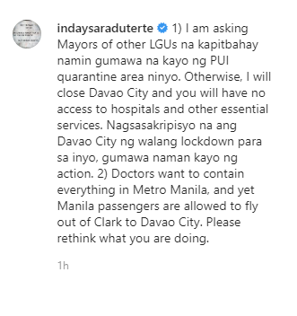 ABSCBNNews's tweet photo. LOOK: In her Instagram account, Davao City Mayor Sara Duterte-Carpio asks other LGUs nearby to have their own PUI quarantine areas. If not, Duterte-Carpio said she "will close Davao City and they will have no access to hospitals and other essential services." | @ChrislenBulosan https://t.co/Gih3GqsdBK