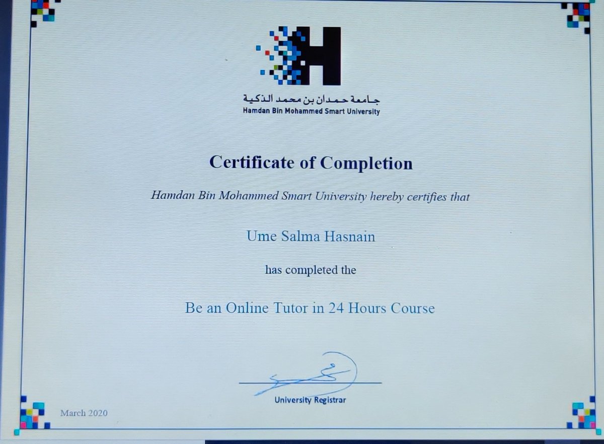 Ume_Has's tweet photo. Just completed Be an Online Tutor in 24 Hours @TwsVijaya @HBMSU @KHDA @shibimarina https://t.co/myz27JNdSL