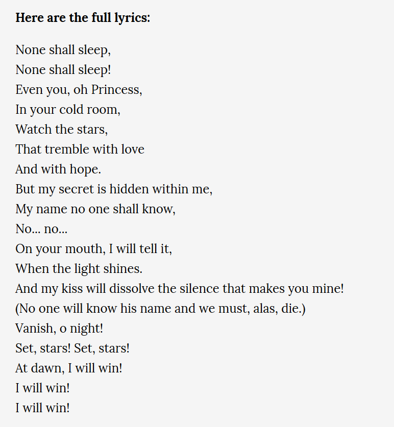 Indounik Nessun Dorma Ends On A Resolute Note With The Words All Alba Vincero Vincero Vincero Or At Dawn I Will Win I Will Win I Will Win T Co Ckbvijuala