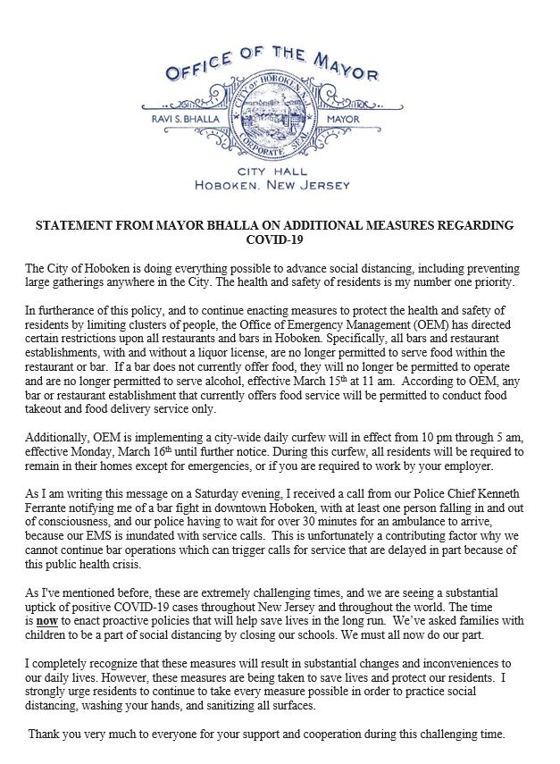 We are continuing to do everything possible to advance social distancing. To protect health &amp; safety of residents, our OEM has directed all bars &amp; restaurants, w/ &amp; w/o a liquor license, to allow for delivery &amp; takeout of food only. OEM is also implementing a curfew from 10pm-5am