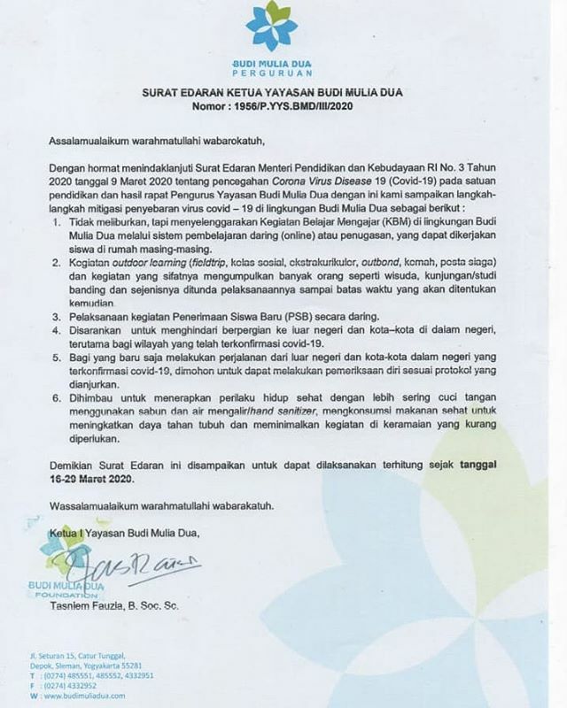 sdbmdjogja's tweet photo. Assalamualaikum, 
Sebagai tindak lanjut untuk melakukan pencegahan terhadap penyebaran virus covid 19, Budi Mulia Dua Foundation mengambil langkah yang tertera pada surat edaran resmi dari Ketua Yayasan Budi Mulia Dua. https://t.co/HXYOTLHqOT https://t.co/3K6qggGMhh