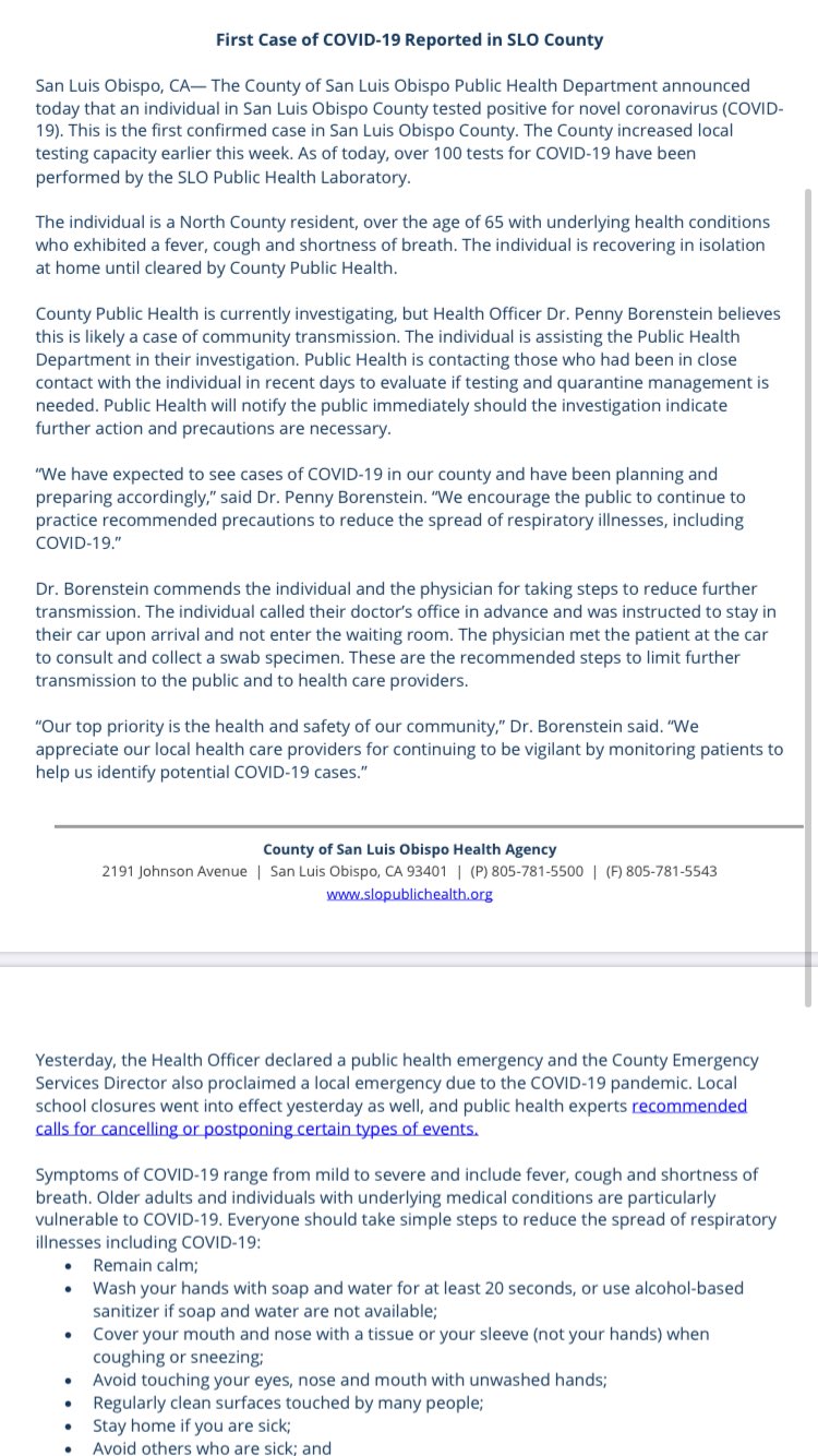 Peter Johnson Breaking San Luis Obispo County Has Its First Confirmed Case Of Covid 19 A North County Resident Over Age 65 Individual Is Recovering At Home In Isolation Public