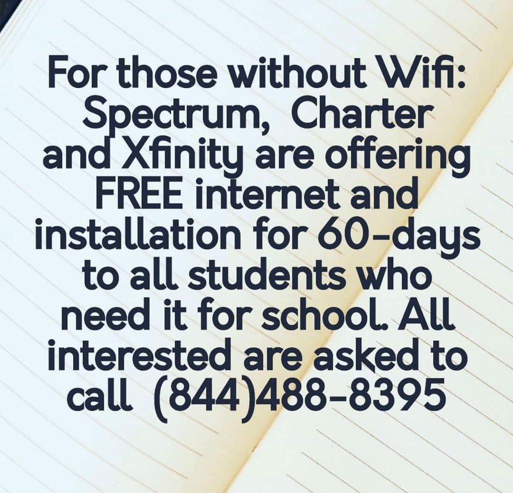 Parents and Teachers: If internet access is needed while we are off for Covid-19, help is here.  #wehelpeachother #stillabletolearn