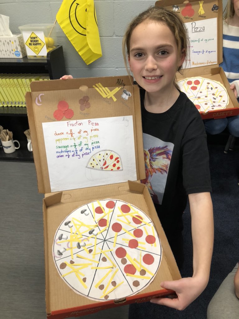 Laurie3rdgrade's tweet photo. A big thank you to the Buda Casey’s General Store manager, Tracy Braddy, for donating these pizza boxes to my students so we could make this fun fraction projects. #BVMath https://t.co/x9AwnDO22x