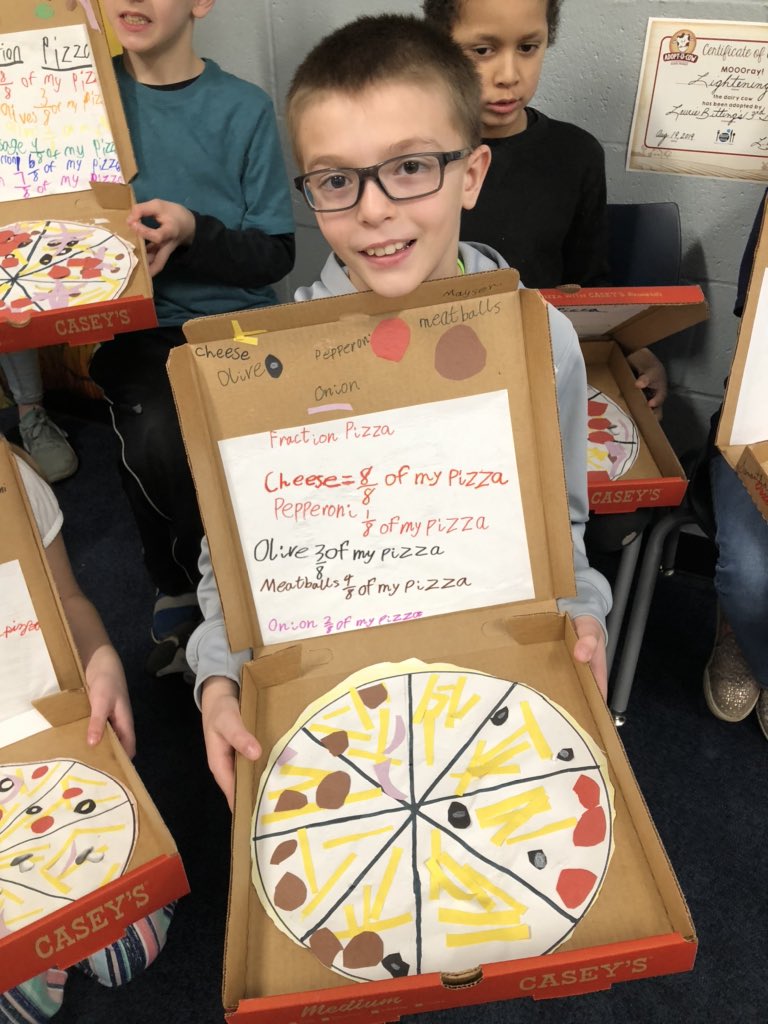 Laurie3rdgrade's tweet photo. A big thank you to the Buda Casey’s General Store manager, Tracy Braddy, for donating these pizza boxes to my students so we could make this fun fraction projects. #BVMath https://t.co/x9AwnDO22x