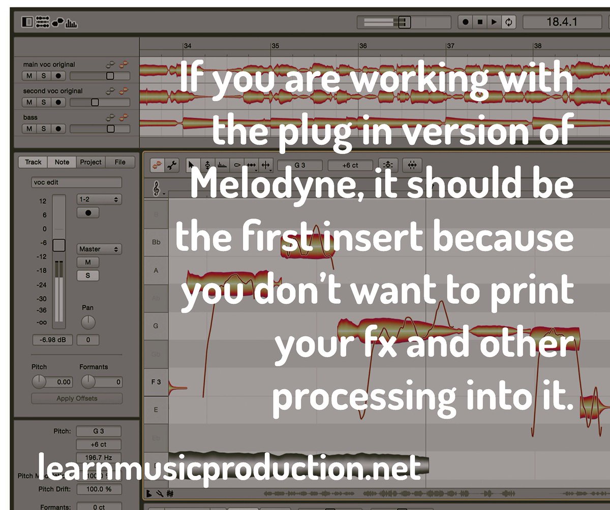 If you are working with the plugin version of Melodyne, it should be the 1st insert because you don’t want to print your fx & other processing into it learnmusicproduction.net #musicproduction #mixing  #intheboxmixing #melodyne #autotune #celemony #pitchcorrection #vocalproduction